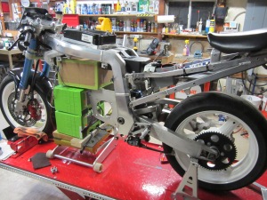 The motorcycle undergoing its drive-train  transplant 